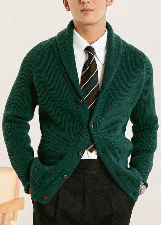 Cárdigan de punto liso con botones verdes para hombre, cuello Peter Pan