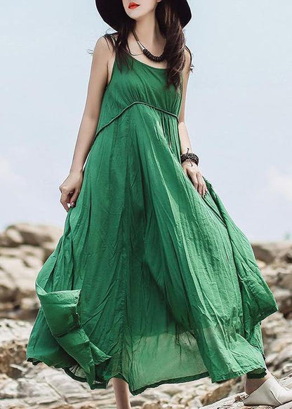 Green Chic cotton clothes fine Summer Solid Color Double Layer Hem Dress - SooLinen