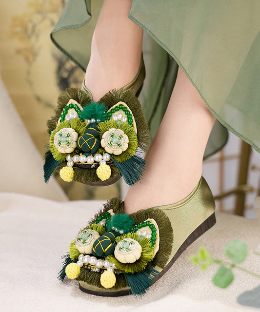 Green Cotton Fabric Nail Bead Splicing Flat Feet Shoes