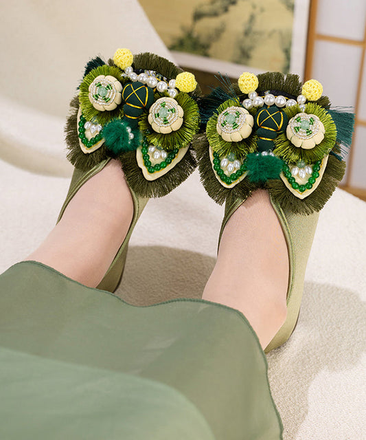 Green Cotton Fabric Nail Bead Splicing Flat Feet Shoes