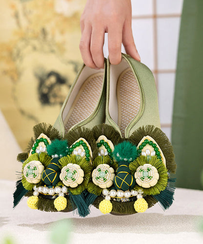 Green Cotton Fabric Nail Bead Splicing Flat Feet Shoes