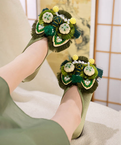 Green Cotton Fabric Nail Bead Splicing Flat Feet Shoes