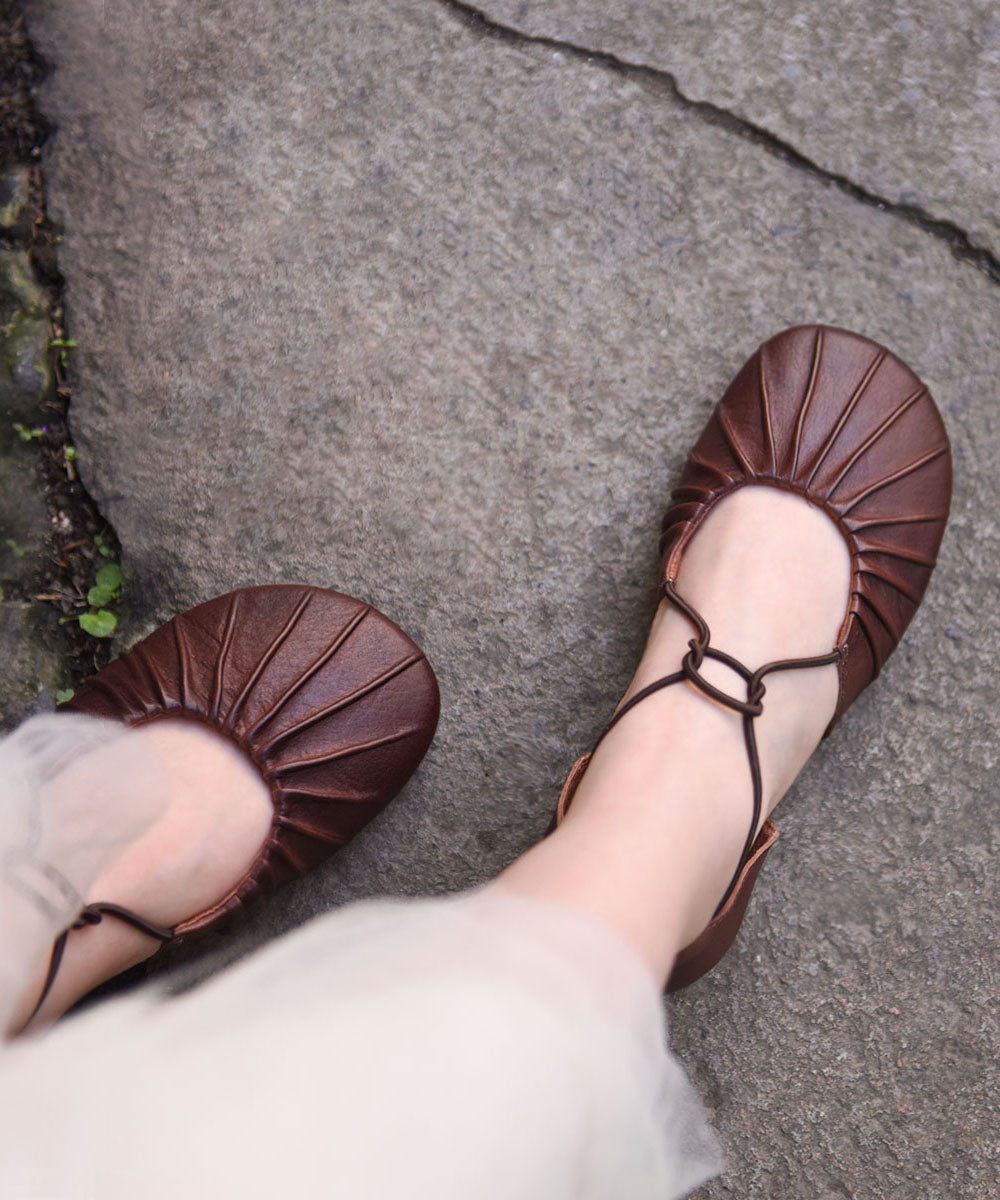 Green Cowhide Leather Water Sandals Hollow Out Wrinkled