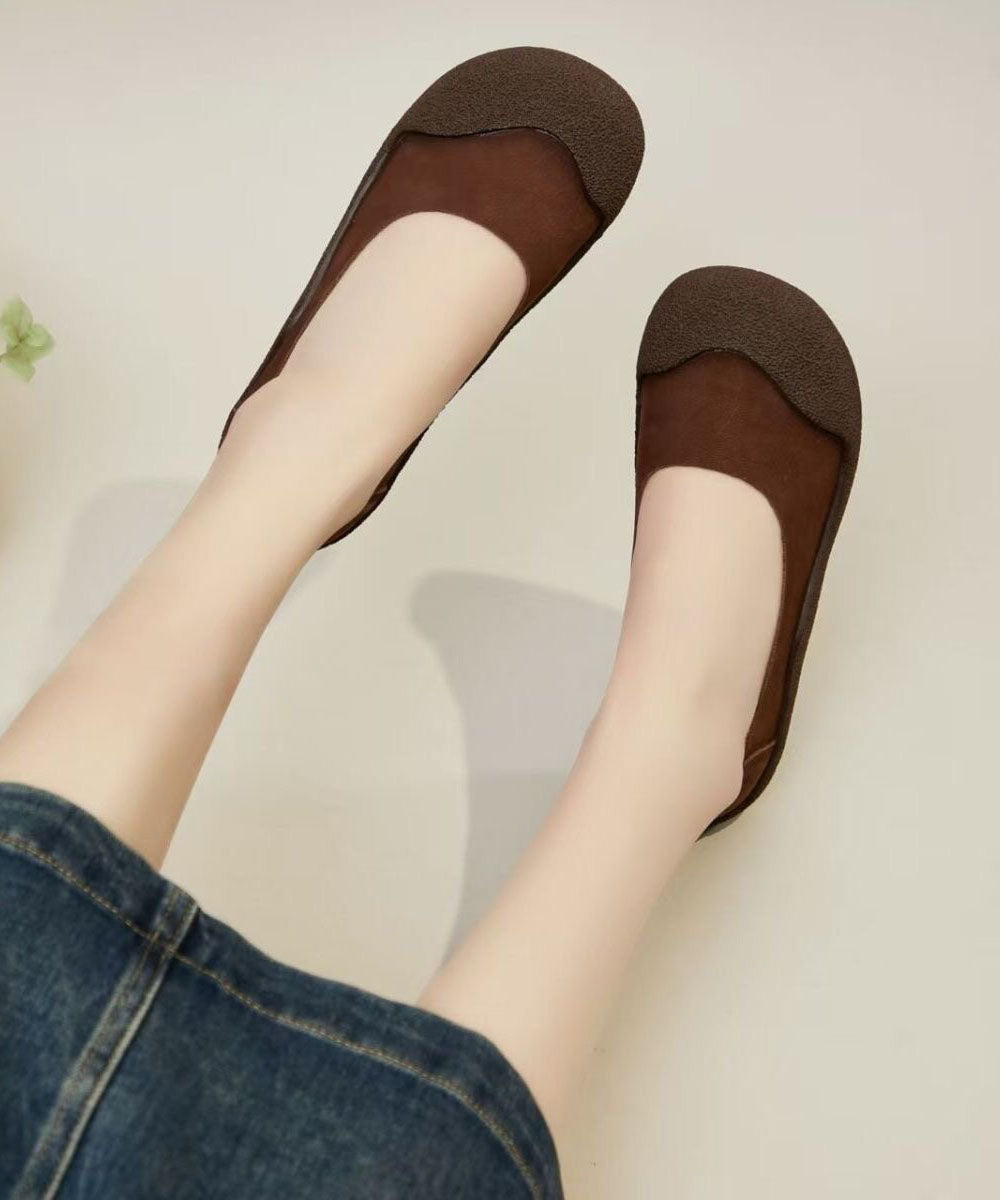 Green Cowhide Leather Women Comfy Splicing Flat Shoes