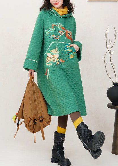 Green Embroidered Pockets Cotton Filled Sweatshirt Dress Hooded