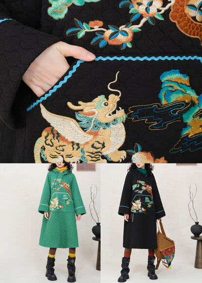 Green Embroidered Pockets Cotton Filled Sweatshirt Dress Hooded