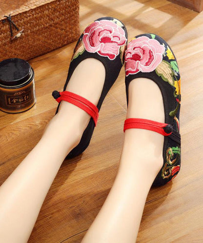 Grüne flache Schuhe, bestickt, bequem, Baumwollstoff, Schnallenriemen, flache Schuhe für Damen