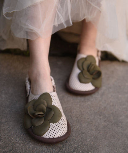 Green Floral Cowhide Leather Comfy Flat Sandals Hollow Out