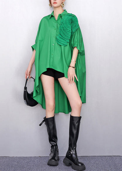 Vestido de día de algodón con estampado floral verde, diseño bajo y alto, para verano