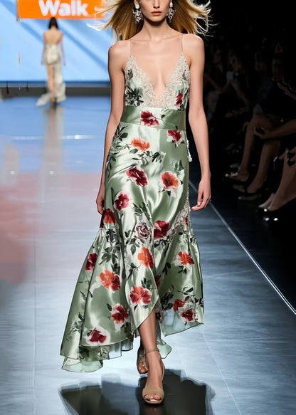 Green Floral Silk Vestidos Dresses Exra Large Hem Summer