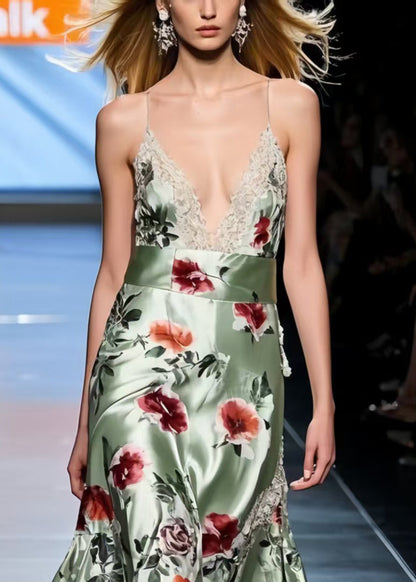 Green Floral Silk Vestidos Dresses Exra Large Hem Summer