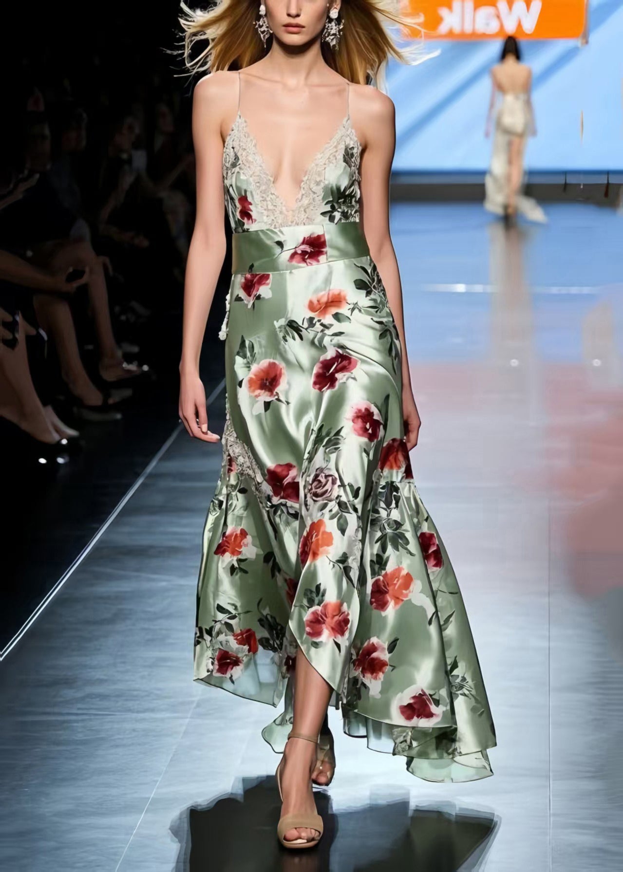 Green Floral Silk Vestidos Dresses Exra Large Hem Summer