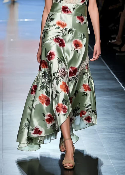 Green Floral Silk Vestidos Dresses Exra Large Hem Summer