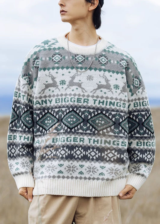 Green Geometric Oversized Knit Men Sweater Casual Clothing O Neck