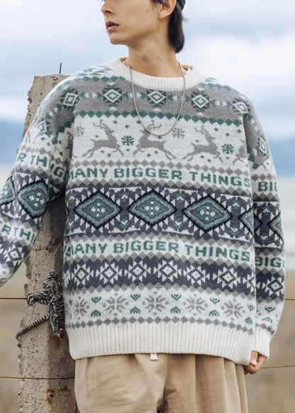 Green Geometric Oversized Knit Men Sweater Casual Clothing O Neck