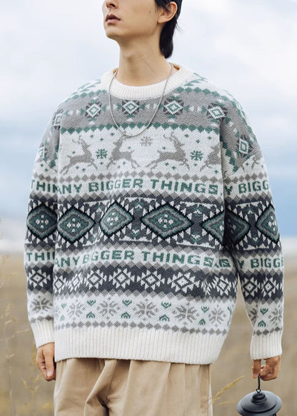 Green Geometric Oversized Knit Men Sweater Casual Clothing O Neck