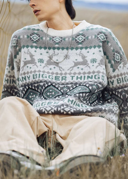 Green Geometric Oversized Knit Men Sweater Casual Clothing O Neck