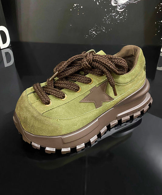 Green Lace Up Splicing Suede Platform Flat Feet Shoes