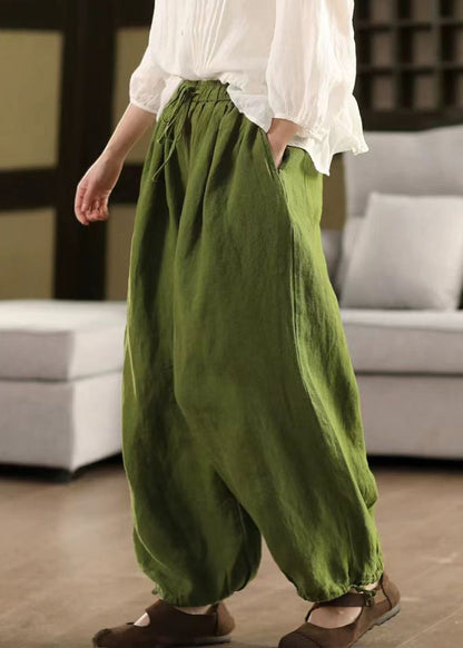 Green LaceUp Solid Linen Summer Crop Pants Elastic Waist