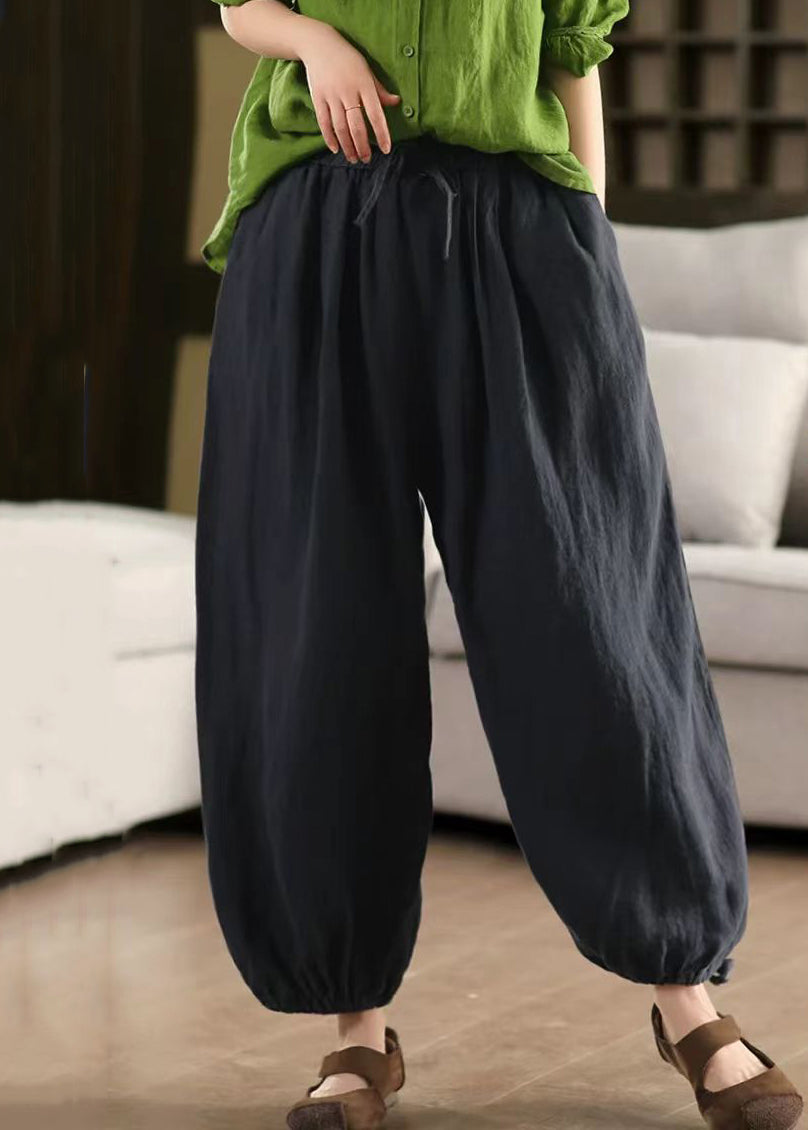 Green LaceUp Solid Linen Summer Crop Pants Elastic Waist