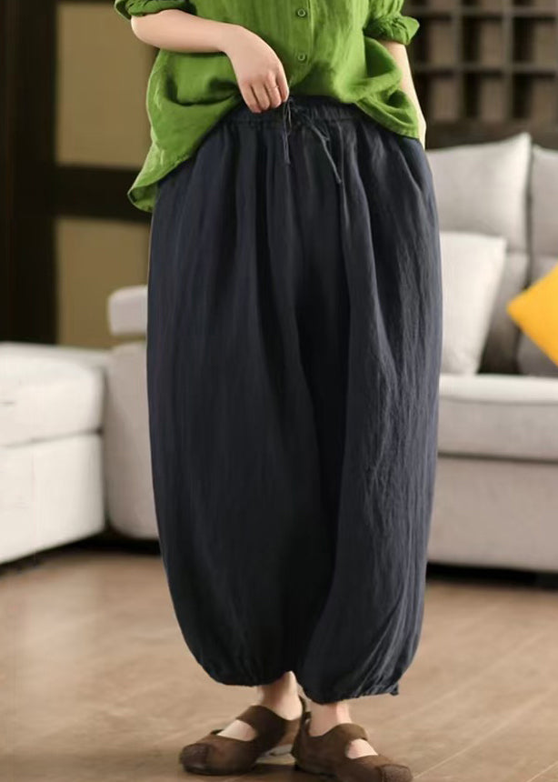 Green LaceUp Solid Linen Summer Crop Pants Elastic Waist