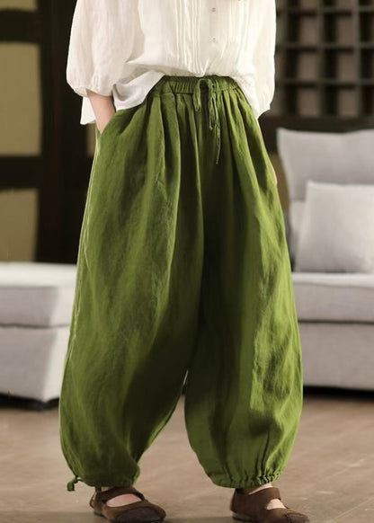 Green LaceUp Solid Linen Summer Crop Pants Elastic Waist