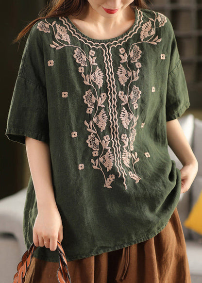 Green Linen Loose T Shirt Tops O Neck Embroidered Summer