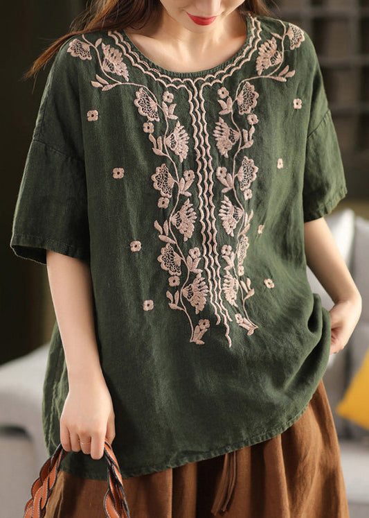 Green Linen Loose T Shirt Tops O Neck Embroidered Summer
