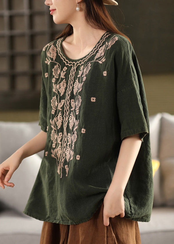 Green Linen Loose T Shirt Tops O Neck Embroidered Summer