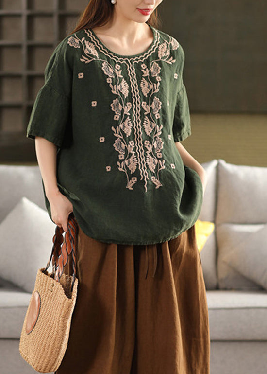 Green Linen Loose T Shirt Tops O Neck Embroidered Summer