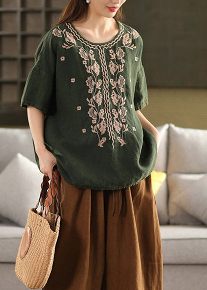Green Linen Loose T Shirt Tops O Neck Embroidered Summer