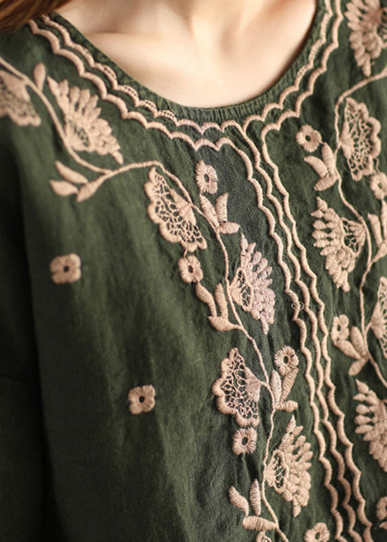 Green Linen Loose T Shirt Tops O Neck Embroidered Summer