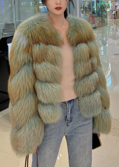 Grüner Rundhals-Leder- und Pelzmantel mit Fuchskragen