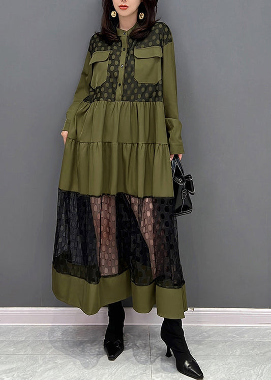 Grüne O-Ausschnitt Patchwork Knopf Tüll Maxikleider Herbst