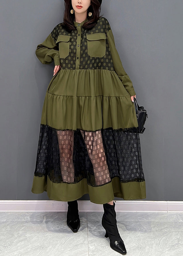Grüne O-Ausschnitt Patchwork Knopf Tüll Maxikleider Herbst