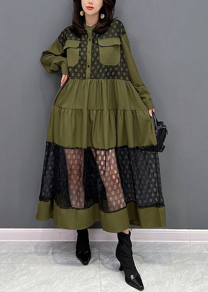 Grüne O-Ausschnitt Patchwork Knopf Tüll Maxikleider Herbst