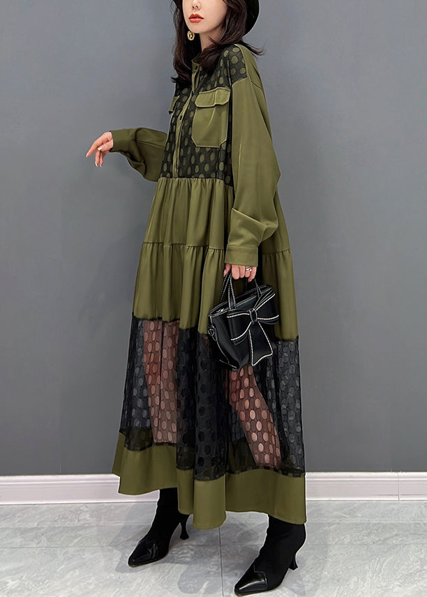 Grüne O-Ausschnitt Patchwork Knopf Tüll Maxikleider Herbst