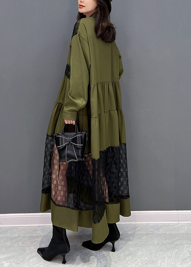Grüne O-Ausschnitt Patchwork Knopf Tüll Maxikleider Herbst