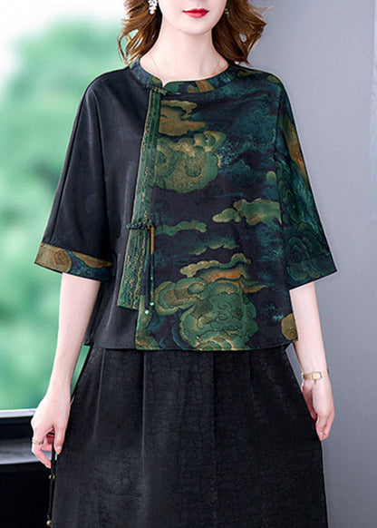 Schwarzes Patchwork-Oberteil mit O-Ausschnitt und Kranich-Print