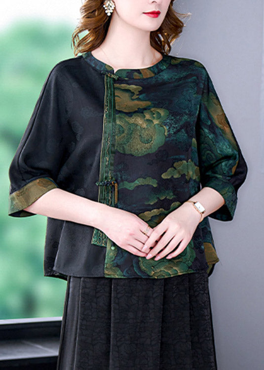 Schwarzes Patchwork-Oberteil mit O-Ausschnitt und Kranich-Print