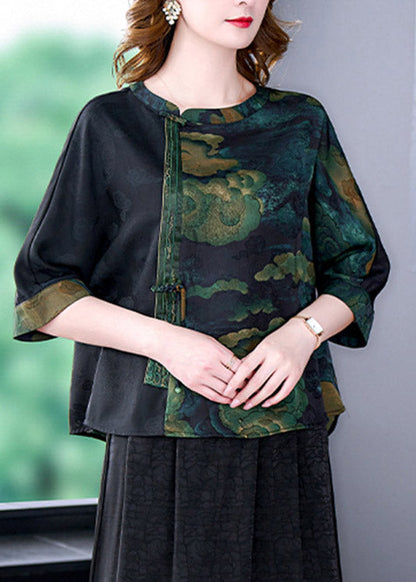 Schwarzes Patchwork-Oberteil mit O-Ausschnitt und Kranich-Print