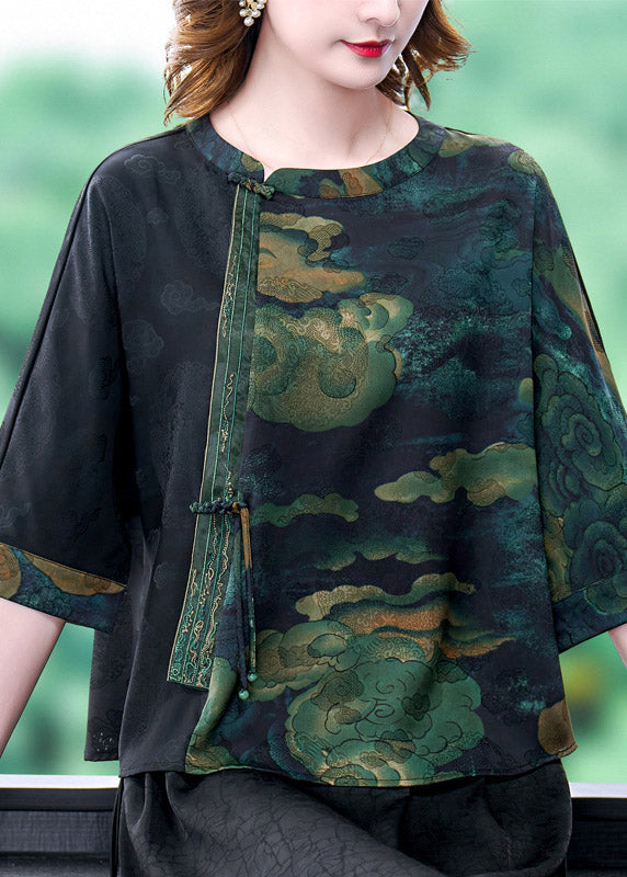 Schwarzes Patchwork-Oberteil mit O-Ausschnitt und Kranich-Print