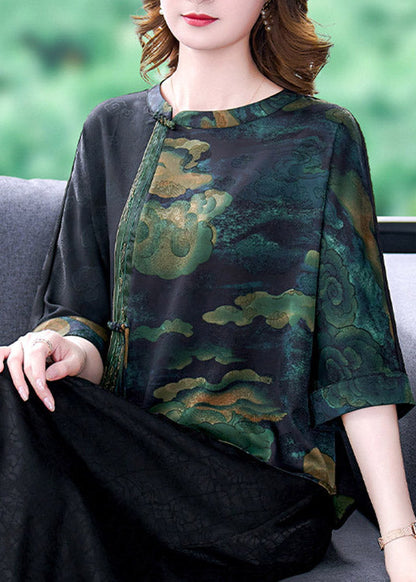 Schwarzes Patchwork-Oberteil mit O-Ausschnitt und Kranich-Print