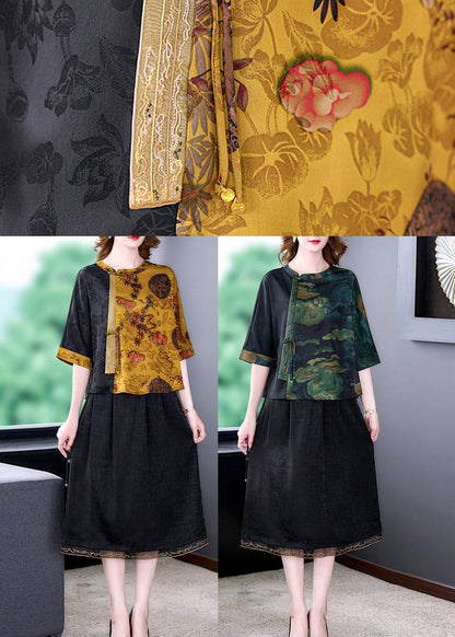 Schwarzes Patchwork-Oberteil mit O-Ausschnitt und Kranich-Print