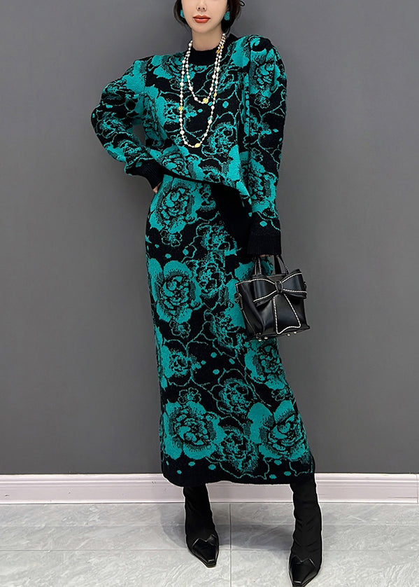 Grünes O-Ausschnitt-Print-Top und Maxi-Röcke, zweiteiliges Set für den Herbst