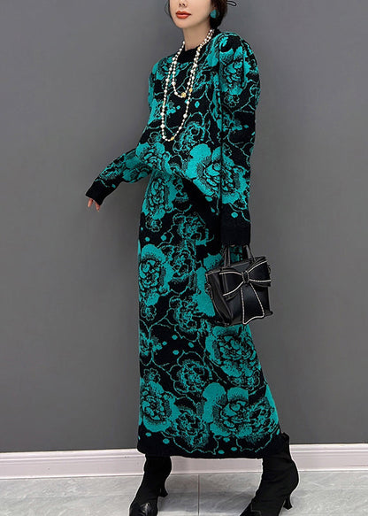 Grünes O-Ausschnitt-Print-Top und Maxi-Röcke, zweiteiliges Set für den Herbst