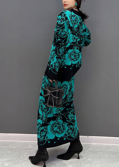 Grünes O-Ausschnitt-Print-Top und Maxi-Röcke, zweiteiliges Set für den Herbst