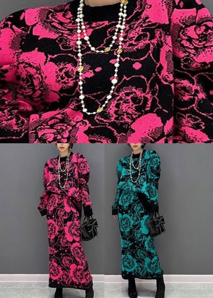 Grünes O-Ausschnitt-Print-Top und Maxi-Röcke, zweiteiliges Set für den Herbst