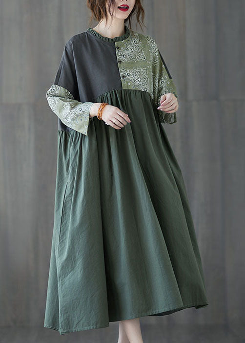 Vestidos de algodón con botones y patchwork verde para primavera