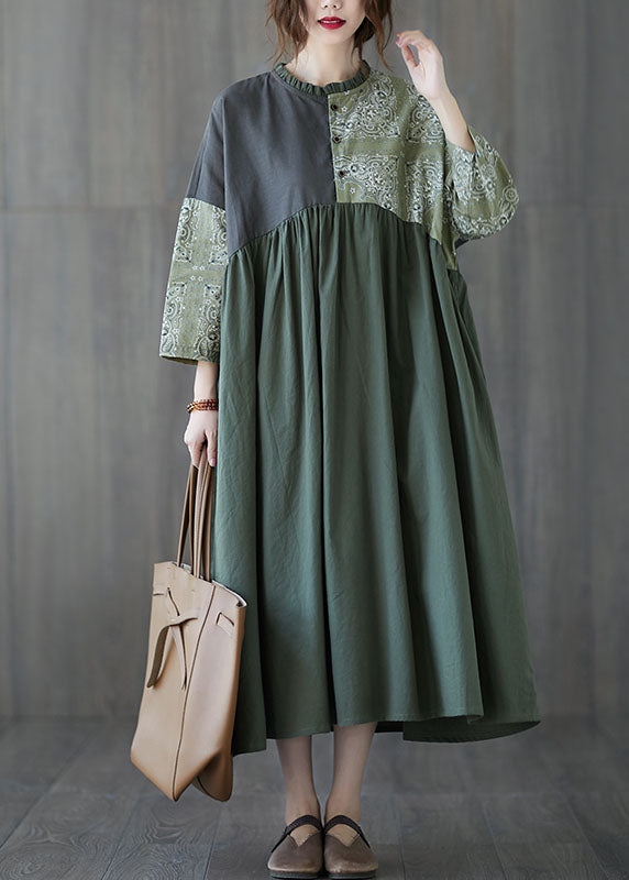Vestidos de algodón con botones y patchwork verde para primavera